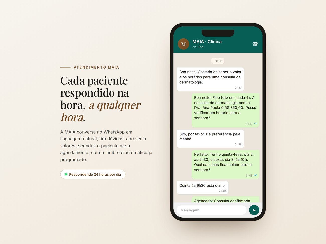 Simulação de atendimento da MAIA pelo WhatsApp: paciente pergunta valor e horário, e a MAIA agenda a consulta com lembrete automático